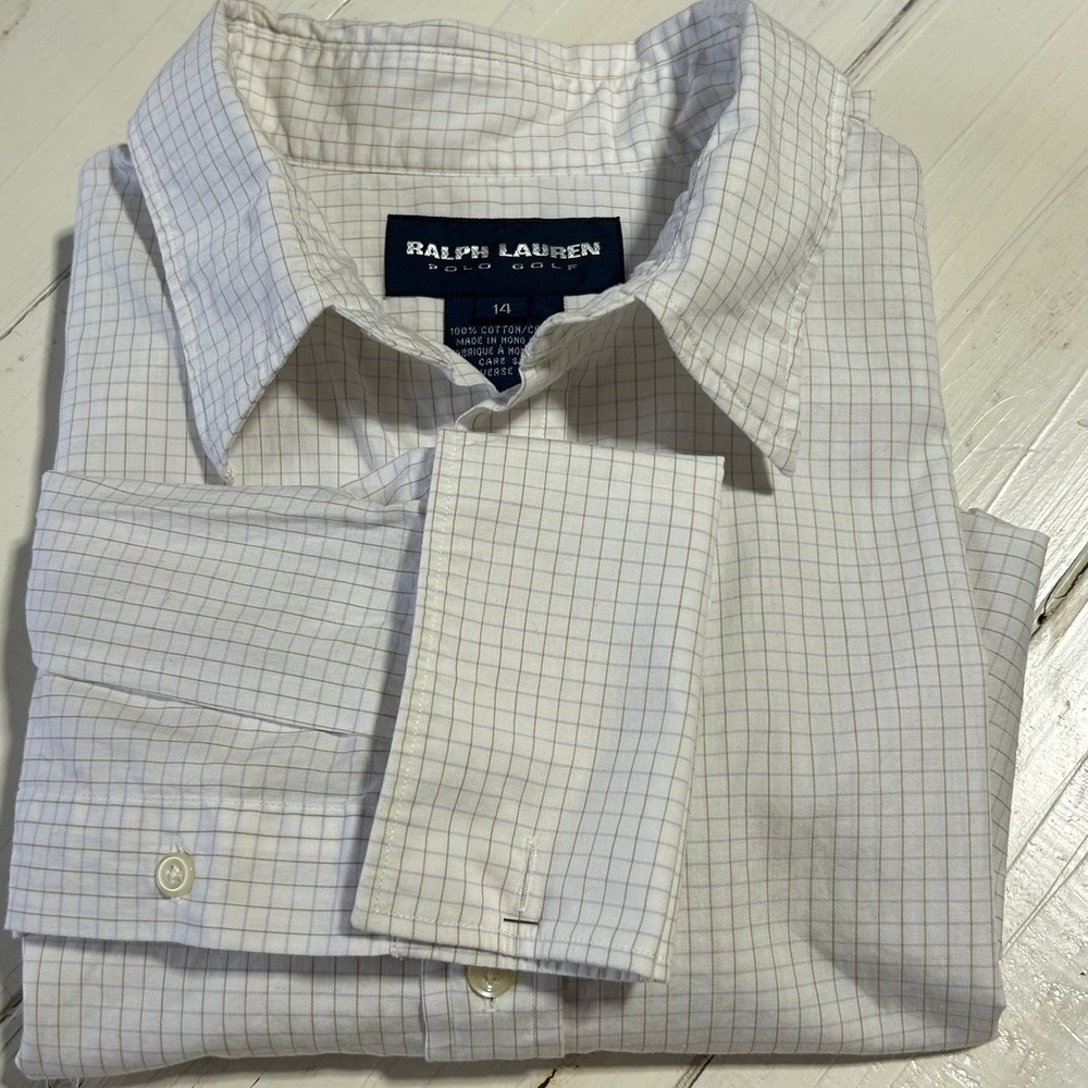 Ralph Lauren Polo Golf Womens 14 White Tan Purple Grid Button Down Cotton Shirt